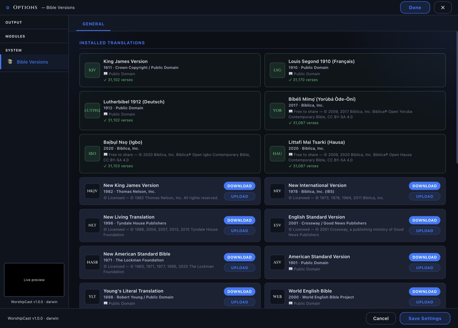 WorshipCast's Bible Versions settings: KJV, Louis Segond, Luther 1912, Yoruba, Igbo and Hausa installed, with Download buttons for NKJV, NIV, NLT, ESV, NASB and more